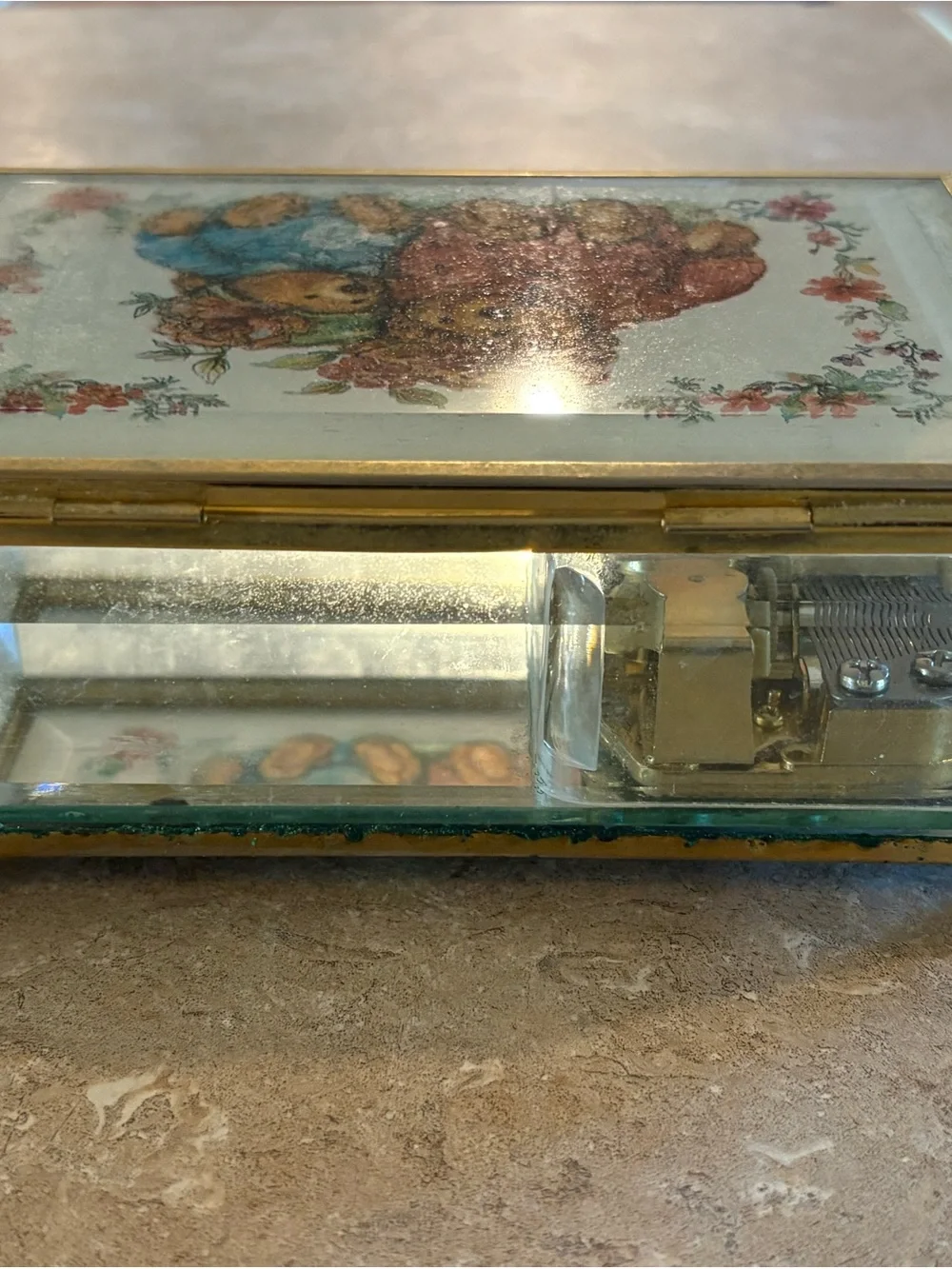 Vintage Teddy Bear Musical Jewelry Box Glass Brass Tone Beveled Trinket Box